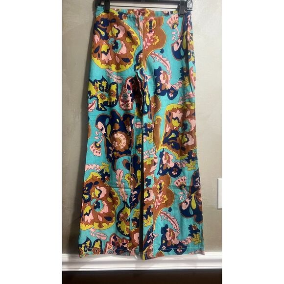 Free People Down & Out Floral Printed Flared Trousers Blue US 6 NEW - Picture 2 of 4